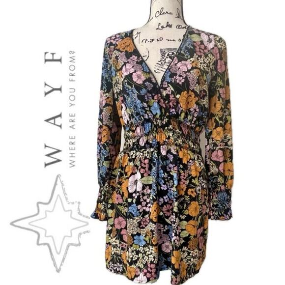 Wayf Dresses & Skirts - Anthropologie WAYF Dress BLack floral Smocked Fall Sz S Aesthetic Cottage Core